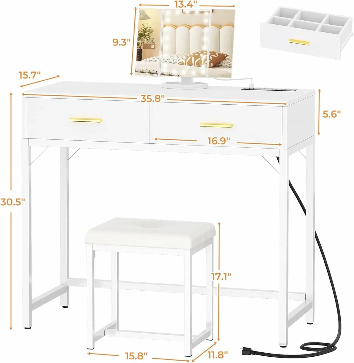 Vanity Desk Mirror Drawers Stool Dressing Table - Image 4