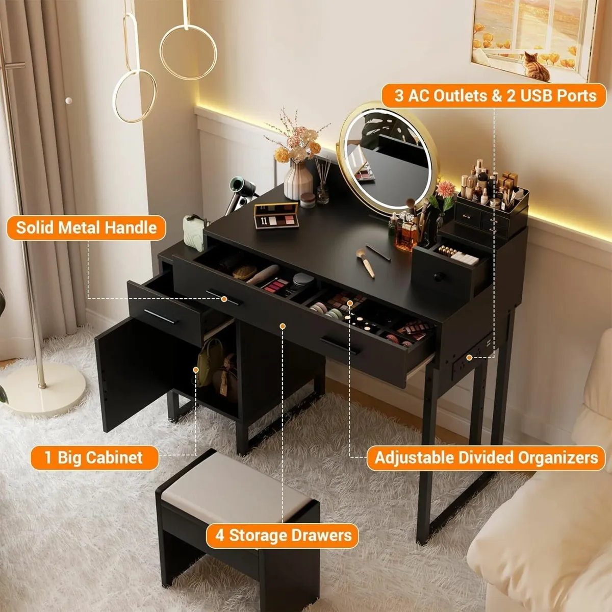 Dressing Table Vanity Desk 4 Storage Charging - Image 3