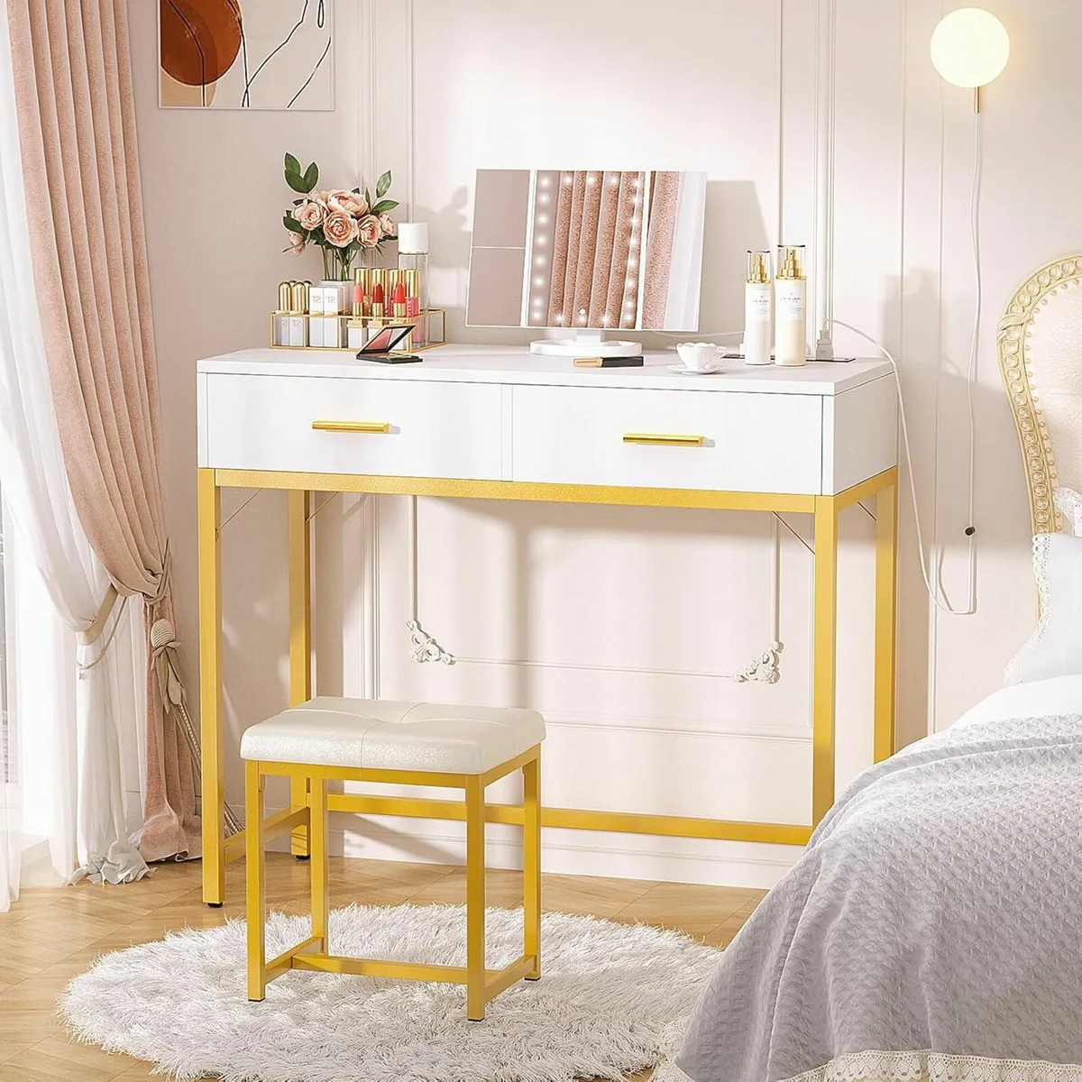 Vanity Desk Mirror Drawers Vanity Table Stool - Image 1
