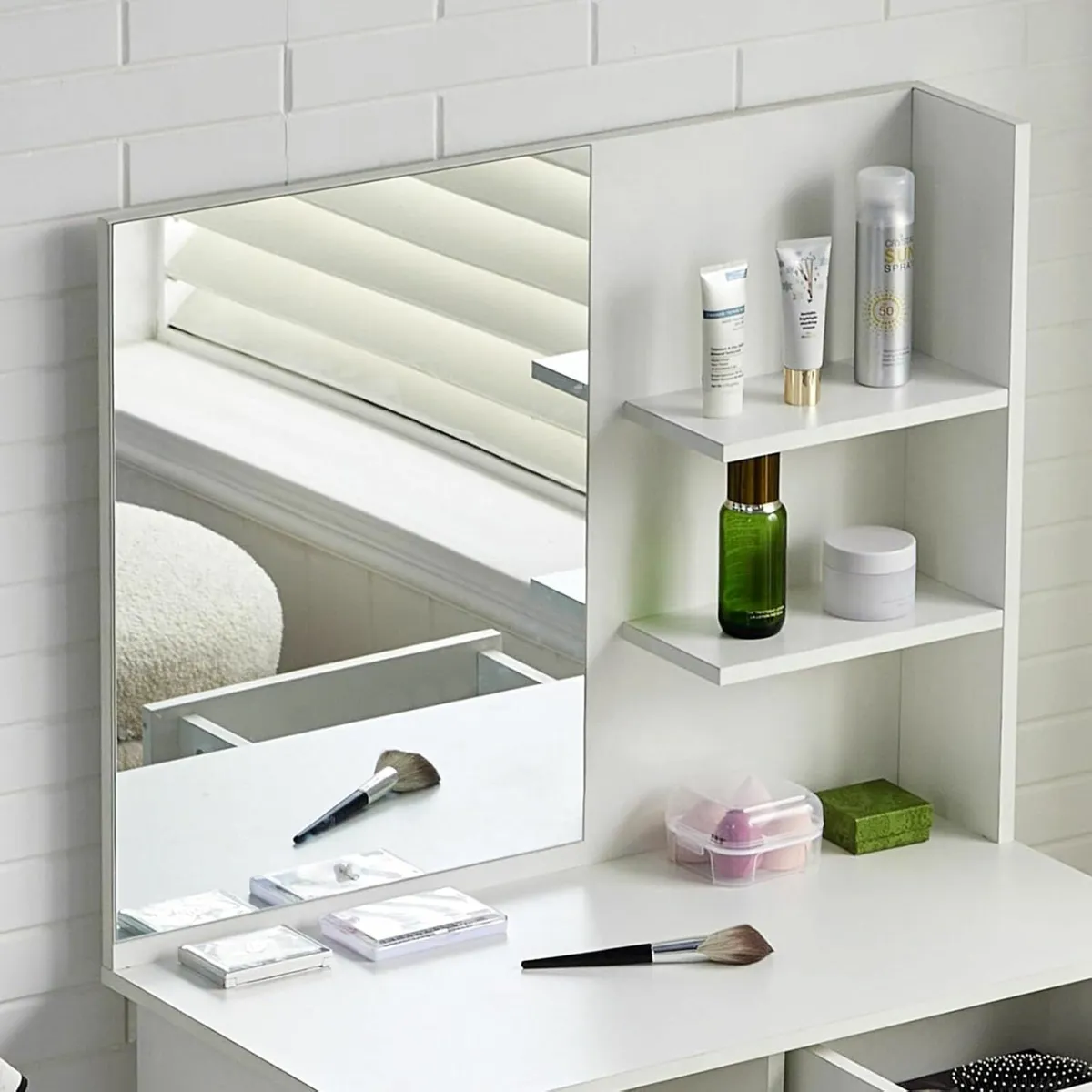 White Dressing Table Set with Mirror Stool White - Image 2