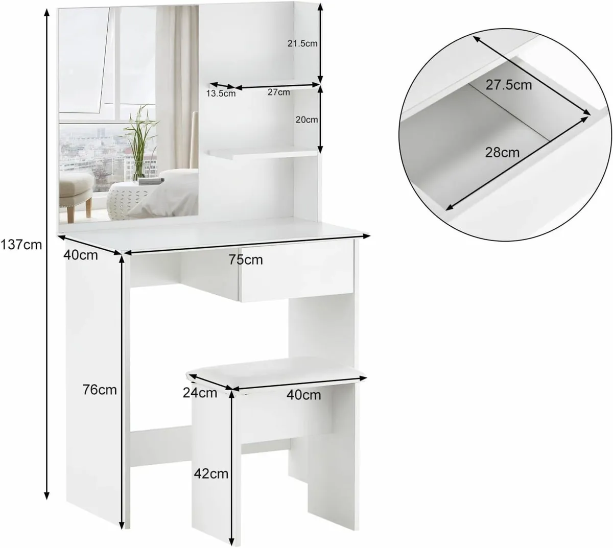 White Dressing Table Set with Mirror Stool White - Image 3