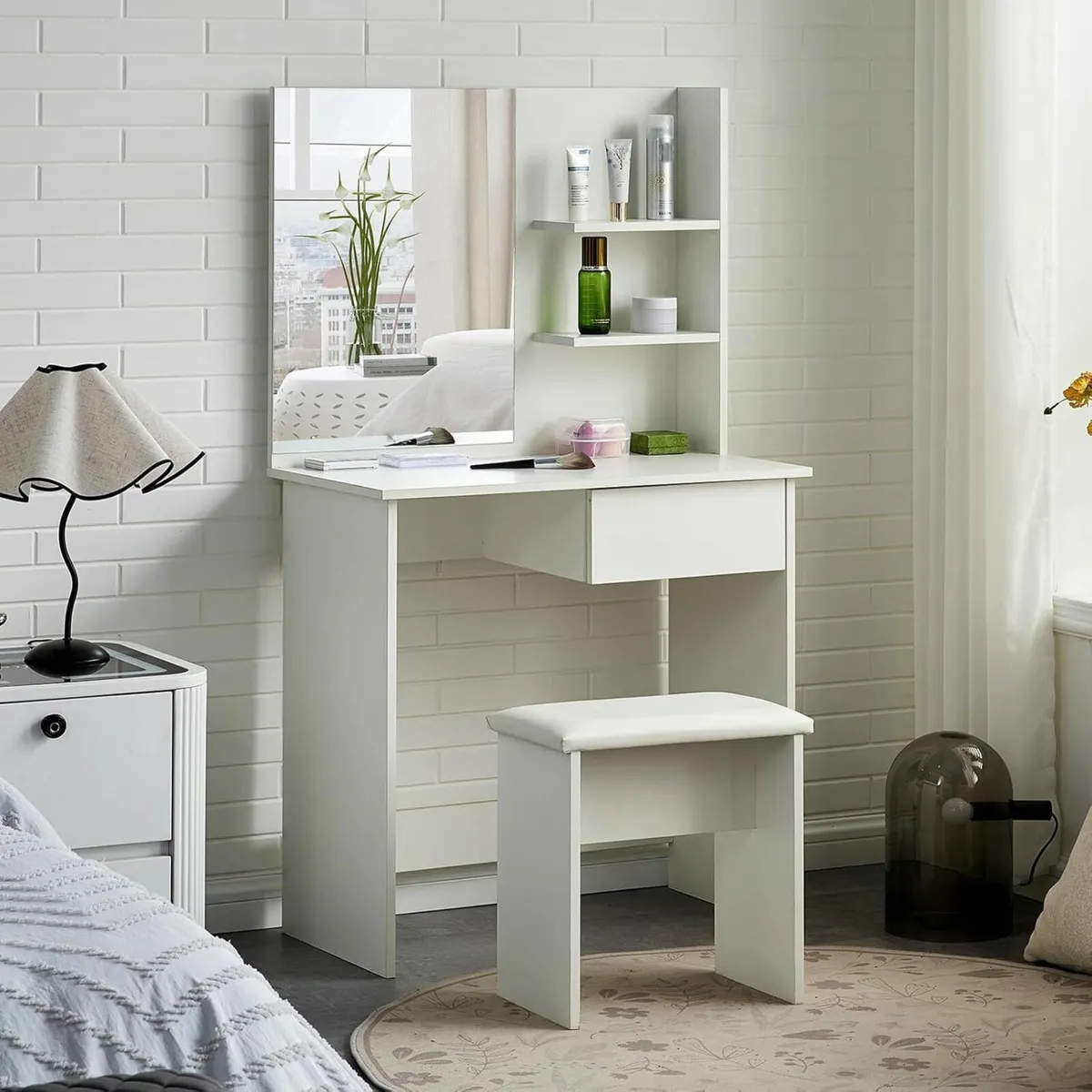 White Dressing Table Set with Mirror Stool White - Image 4