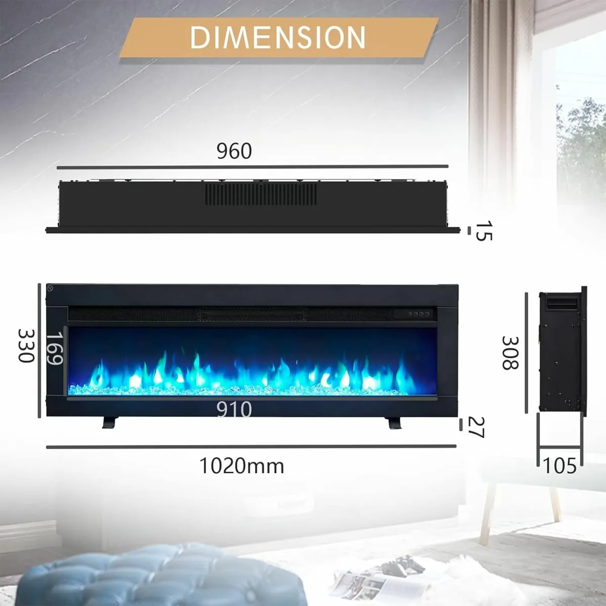 40"/102cm Electric Fireplace Freestanding Wall - Image 2