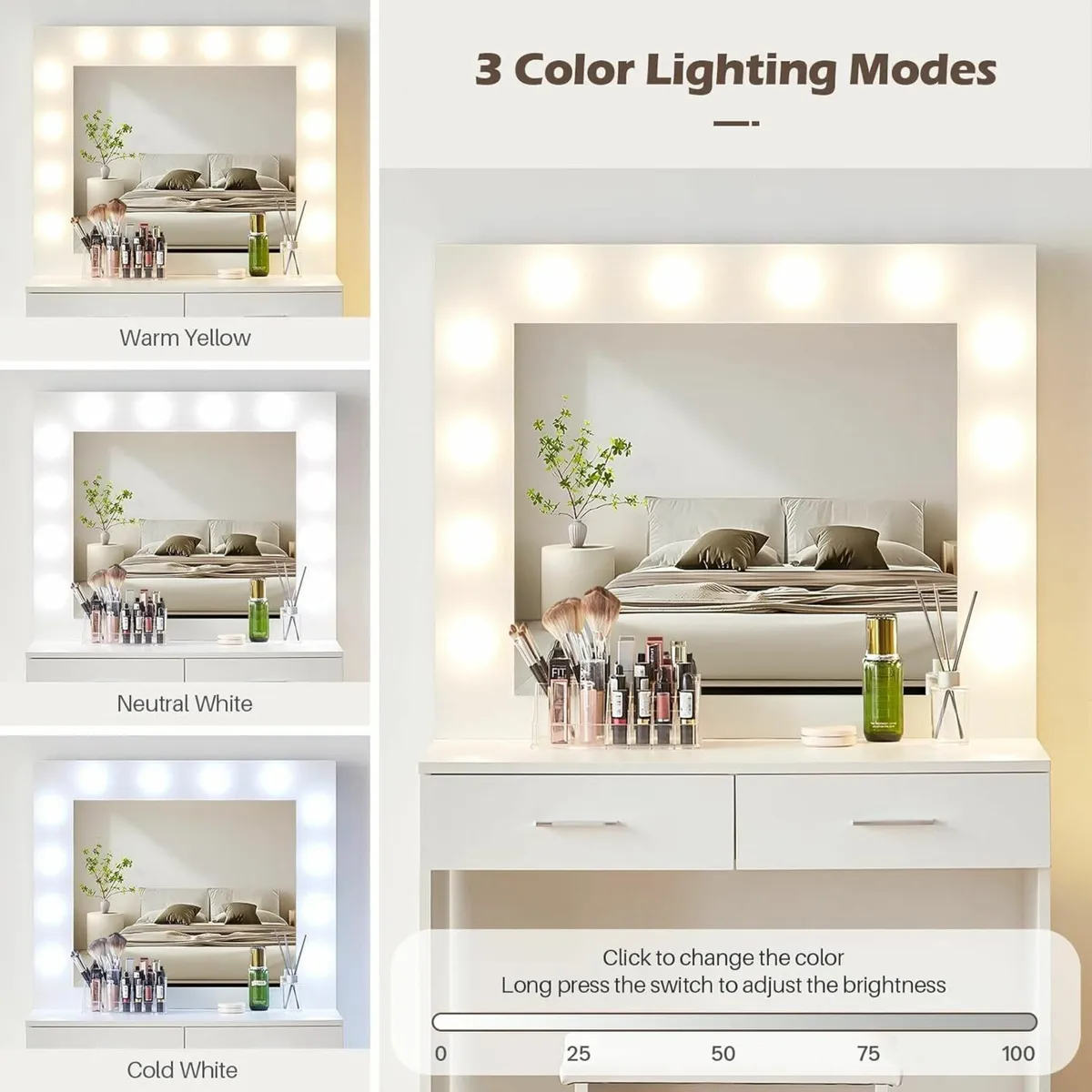 White Dressing Table LED Mirror and Stool - Image 2