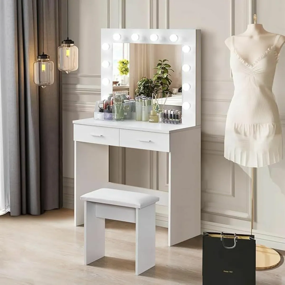 White Dressing Table LED Mirror and Stool - Image 1