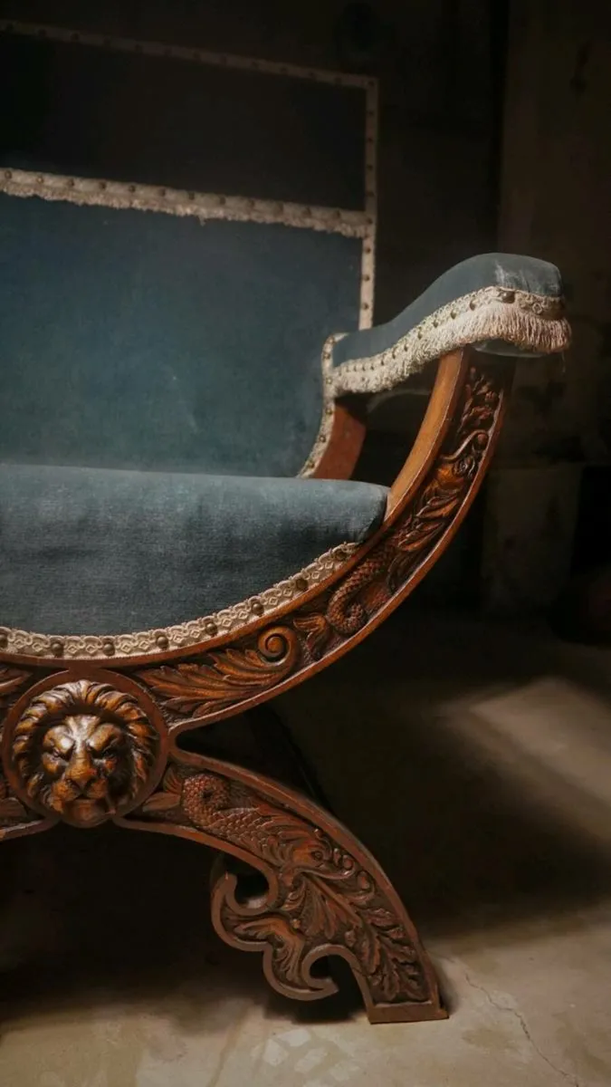 19th Century gothic carved throne chair velvet - Image 3