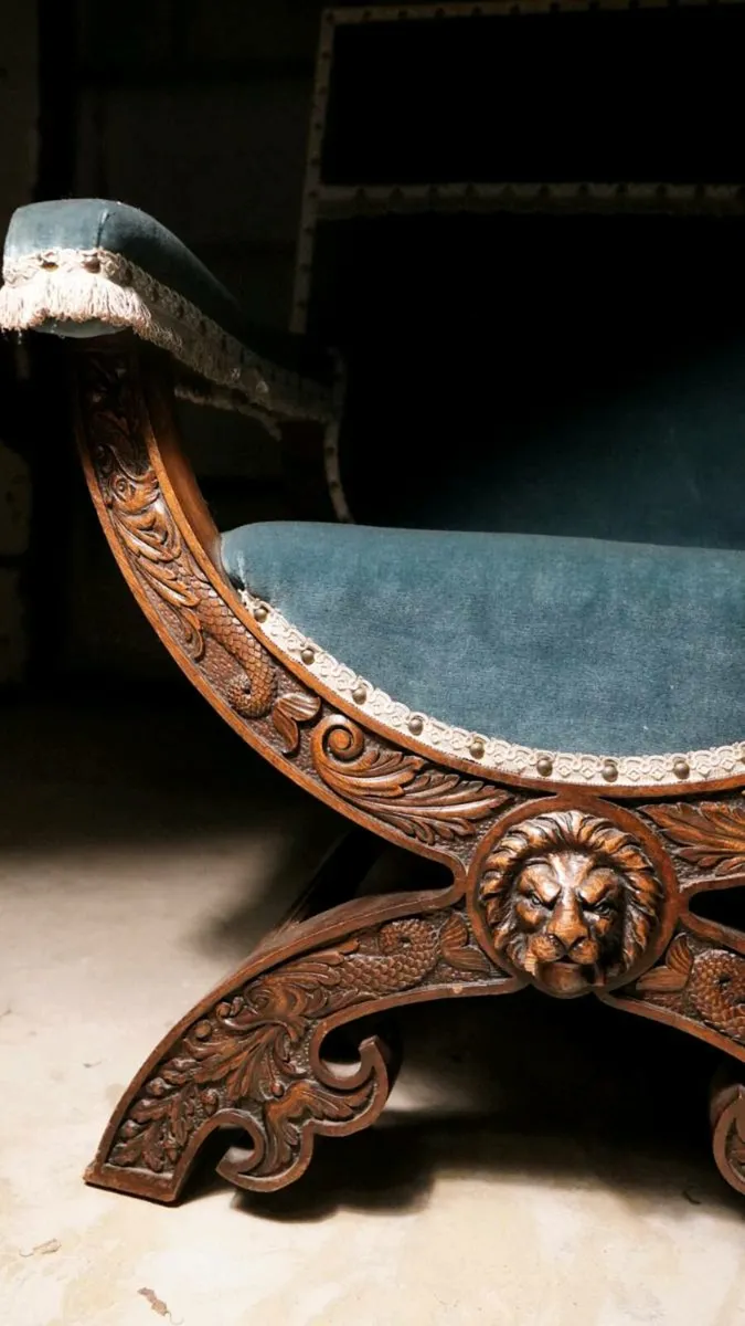 19th Century gothic carved throne chair velvet - Image 4