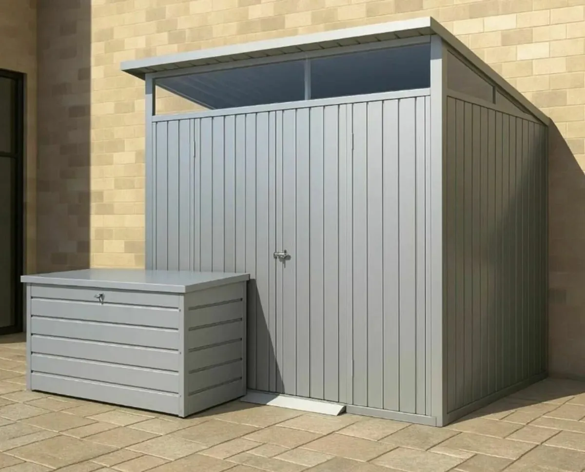 8×6 Palladium Steel Shed–Silver  + FREE Patio Box - Image 1