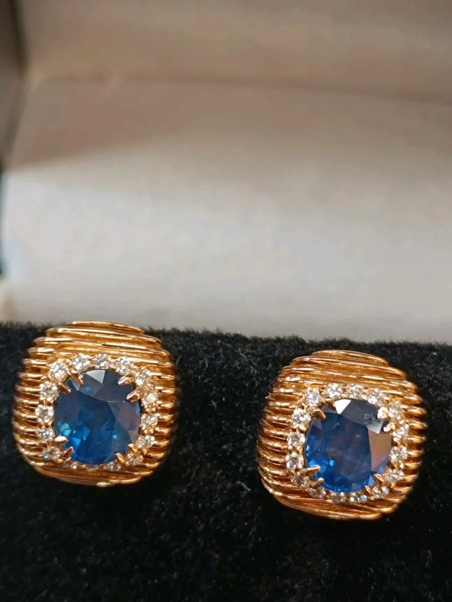 Blue Sapphire & Diamond Studs Earrings,18kGold - Image 2