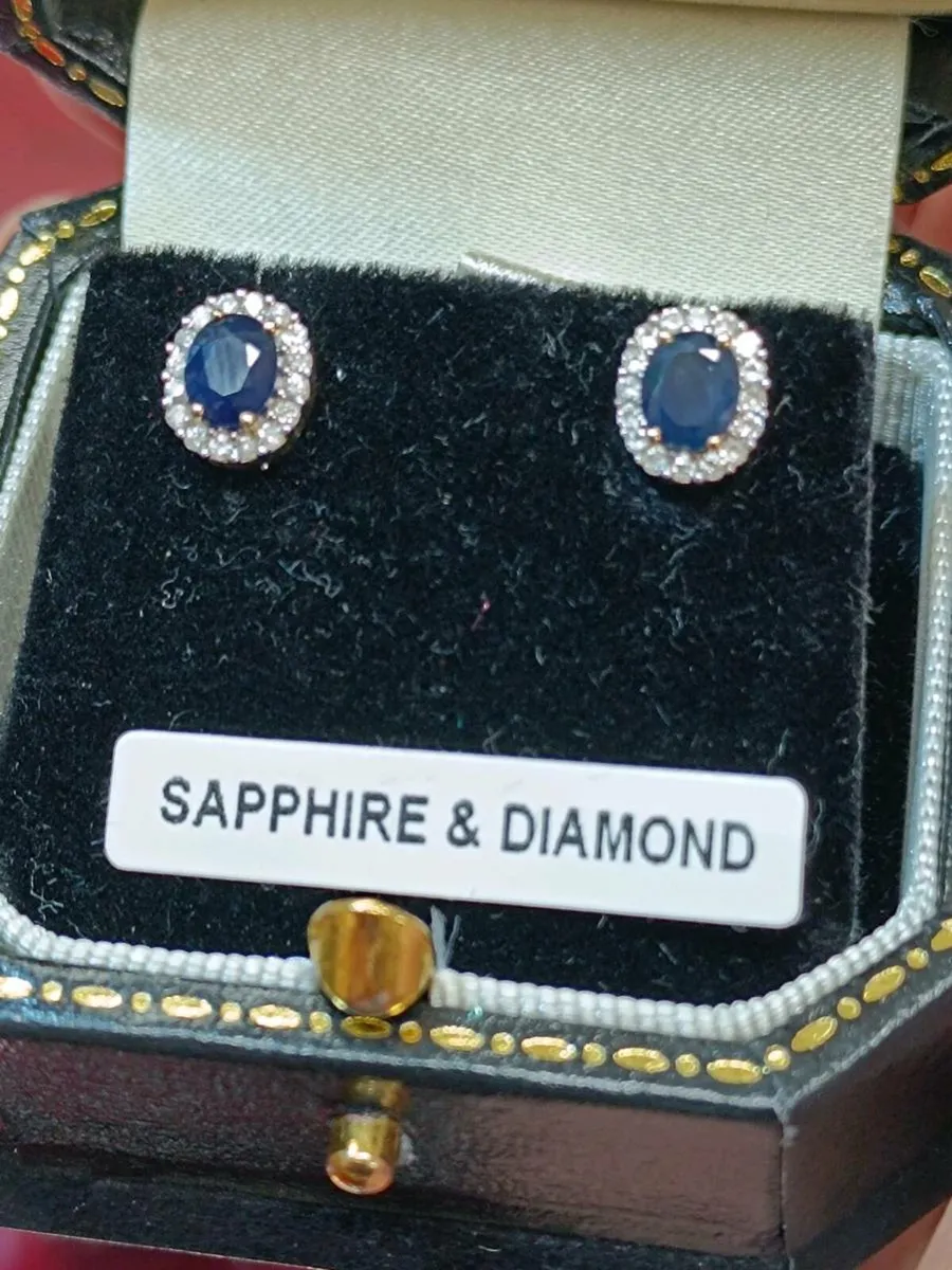Oval Sapphire & Diamond Halo Earrings, 9k Gold - Image 2