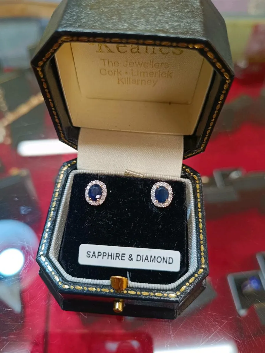 Oval Sapphire & Diamond Halo Earrings, 9k Gold - Image 3