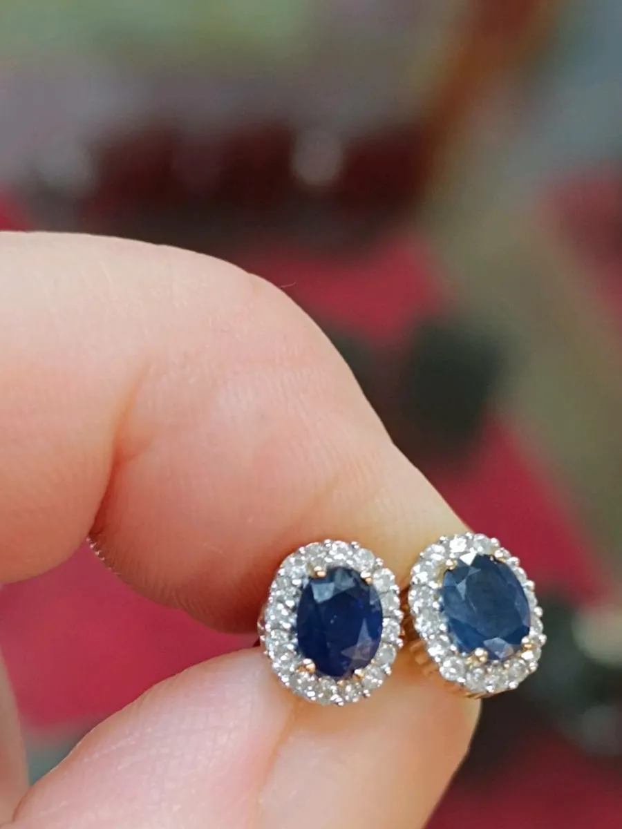 Oval Sapphire & Diamond Halo Earrings, 9k Gold - Image 4