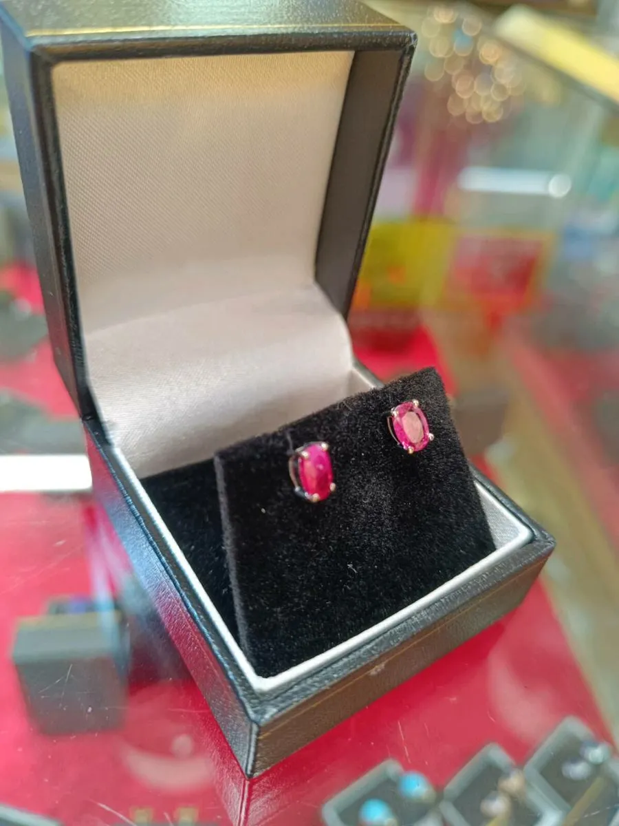 Oval Cut Ruby Studs Earrings, 18k White Gold - Image 2
