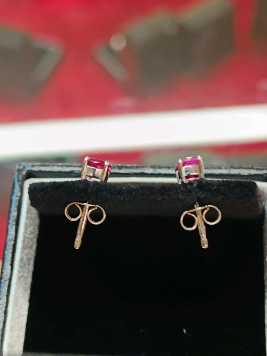 Oval Cut Ruby Studs Earrings, 18k White Gold - Image 4