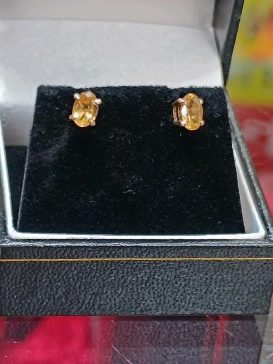 Oval Cut Citrine Studs Earrings, 14k Yellow Gold - Image 2