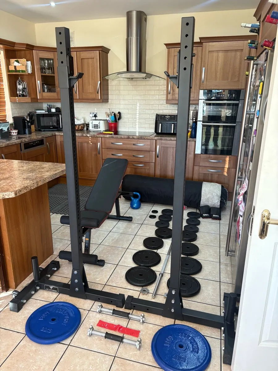 HEAVY SQUAT RACKS, 100KG WEIGHTS, BENCH, BARS, MAT - Image 1