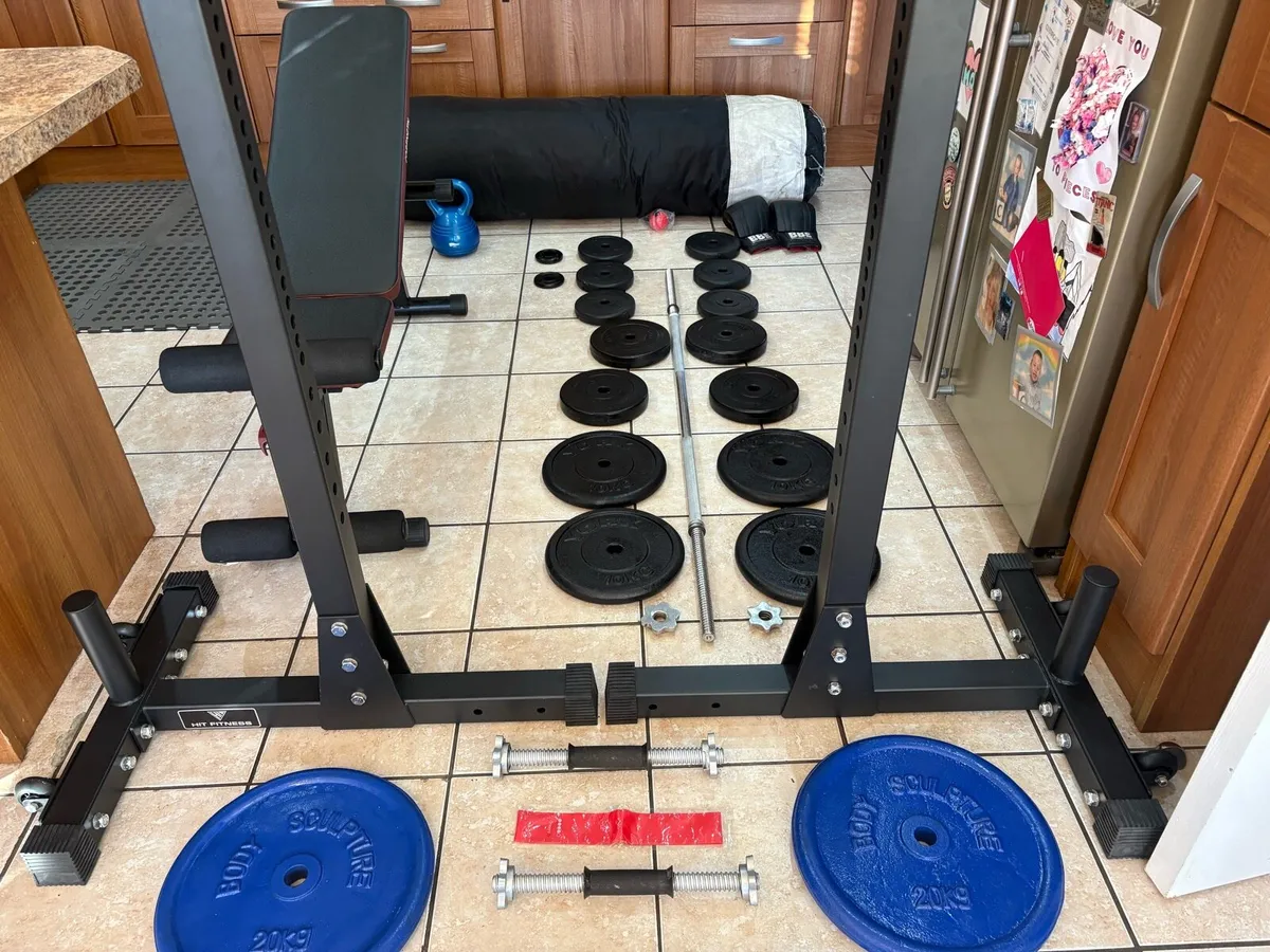 HEAVY SQUAT RACKS, 100KG WEIGHTS, BENCH, BARS, MAT - Image 2