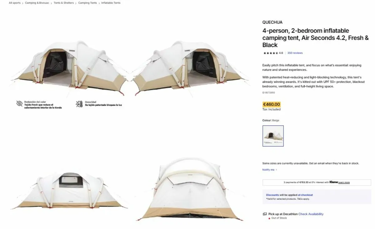 4-person, 2-bedroom inflatable camping tent - Image 1