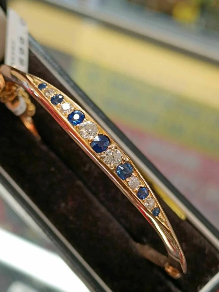 Antique 15k Rose Gold Diamond & Sapphire Bangle - Image 2