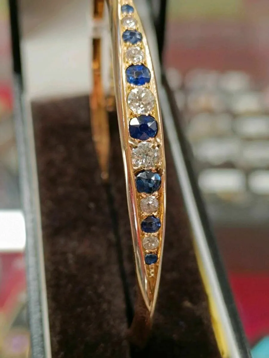 Antique 15k Rose Gold Diamond & Sapphire Bangle - Image 3