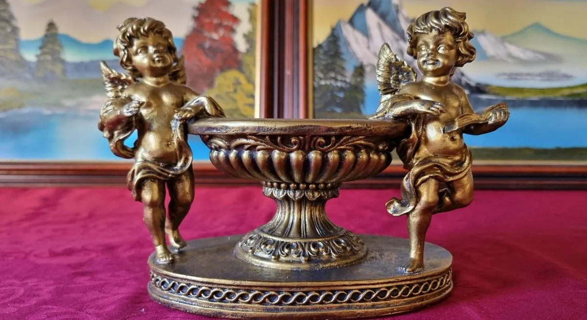 Cherub Golden Pedestal Candle Holder Made In Spain - Image 2