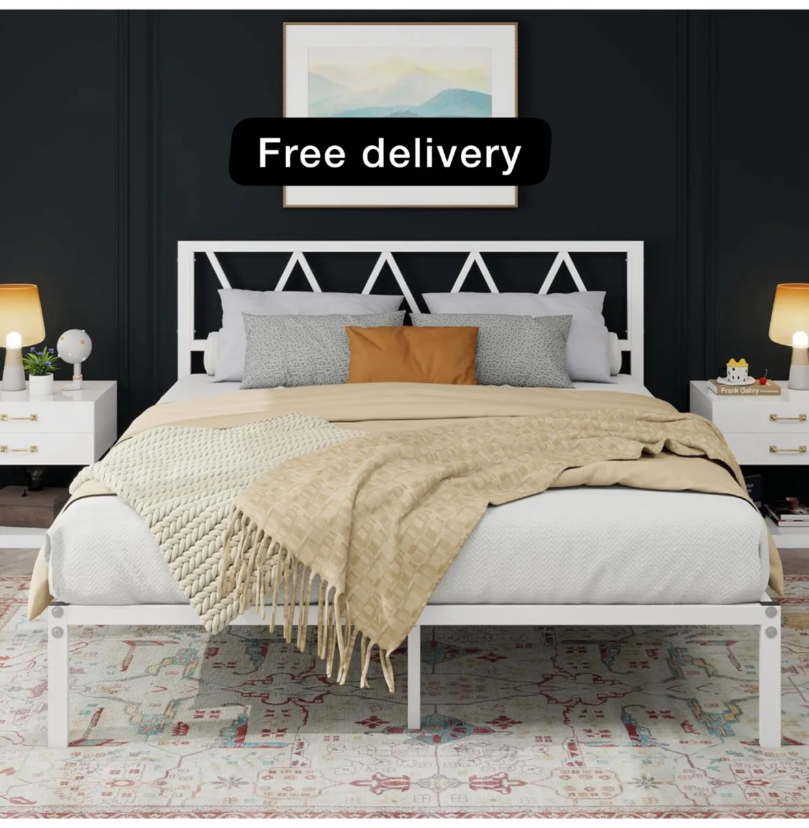 White King Size Bed Frame with Headboard - Image 1