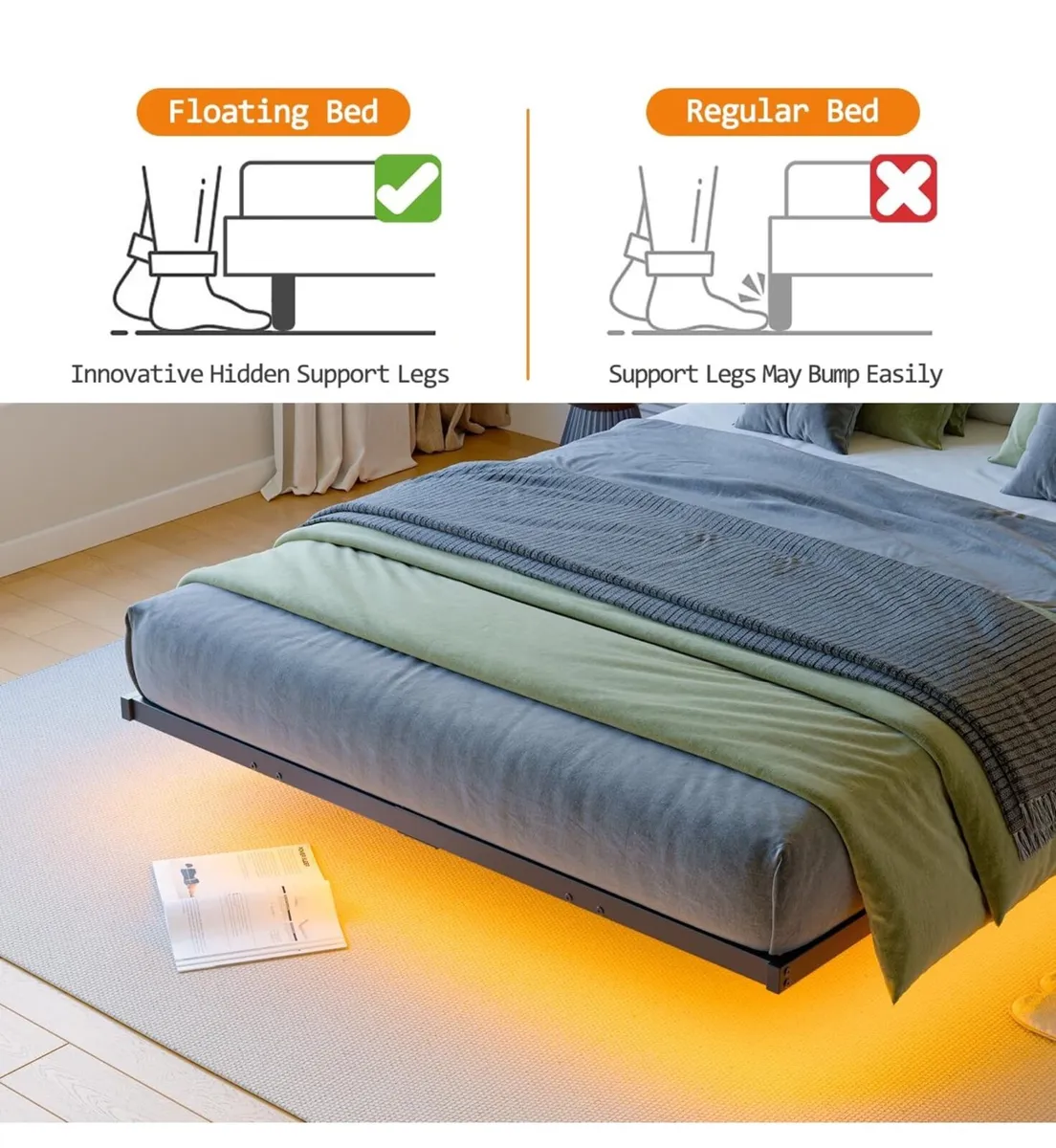 Double Floating Bed Frame with LED Lights and Char - Image 4