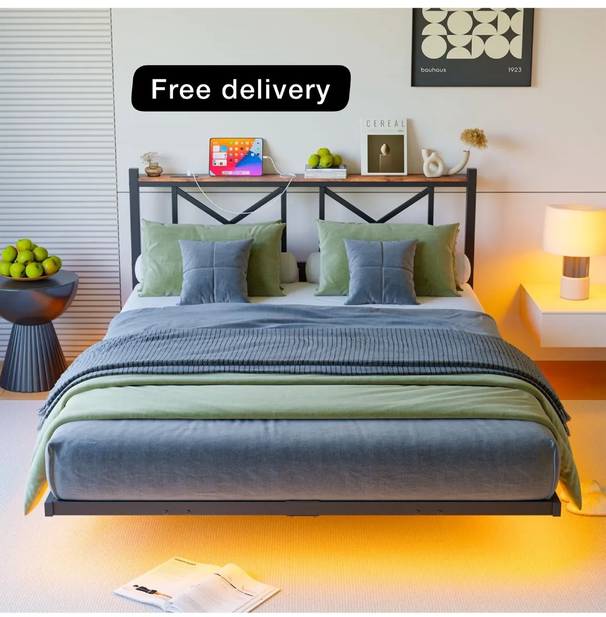 Double Floating Bed Frame with LED Lights and Char - Image 1