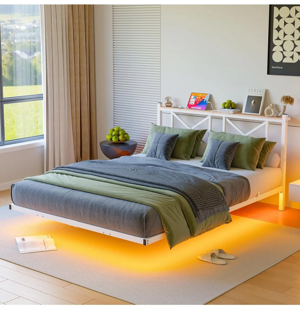 King Size Floating Bed Frame with LED Lights and C - Image 4