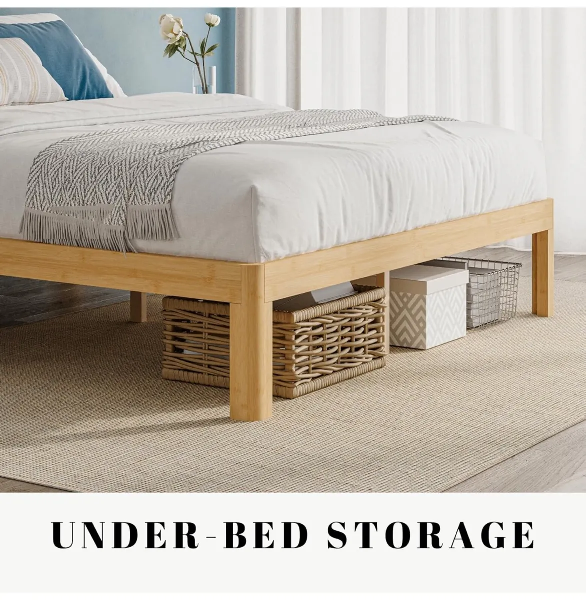 Bamboo Wood King Size Bed Frame with Metal Slats S - Image 2
