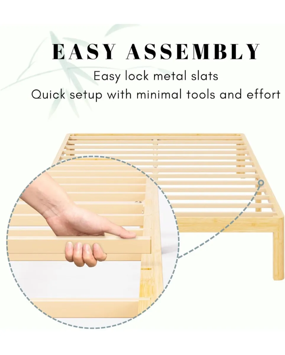 Bamboo Wood King Size Bed Frame with Metal Slats S - Image 3
