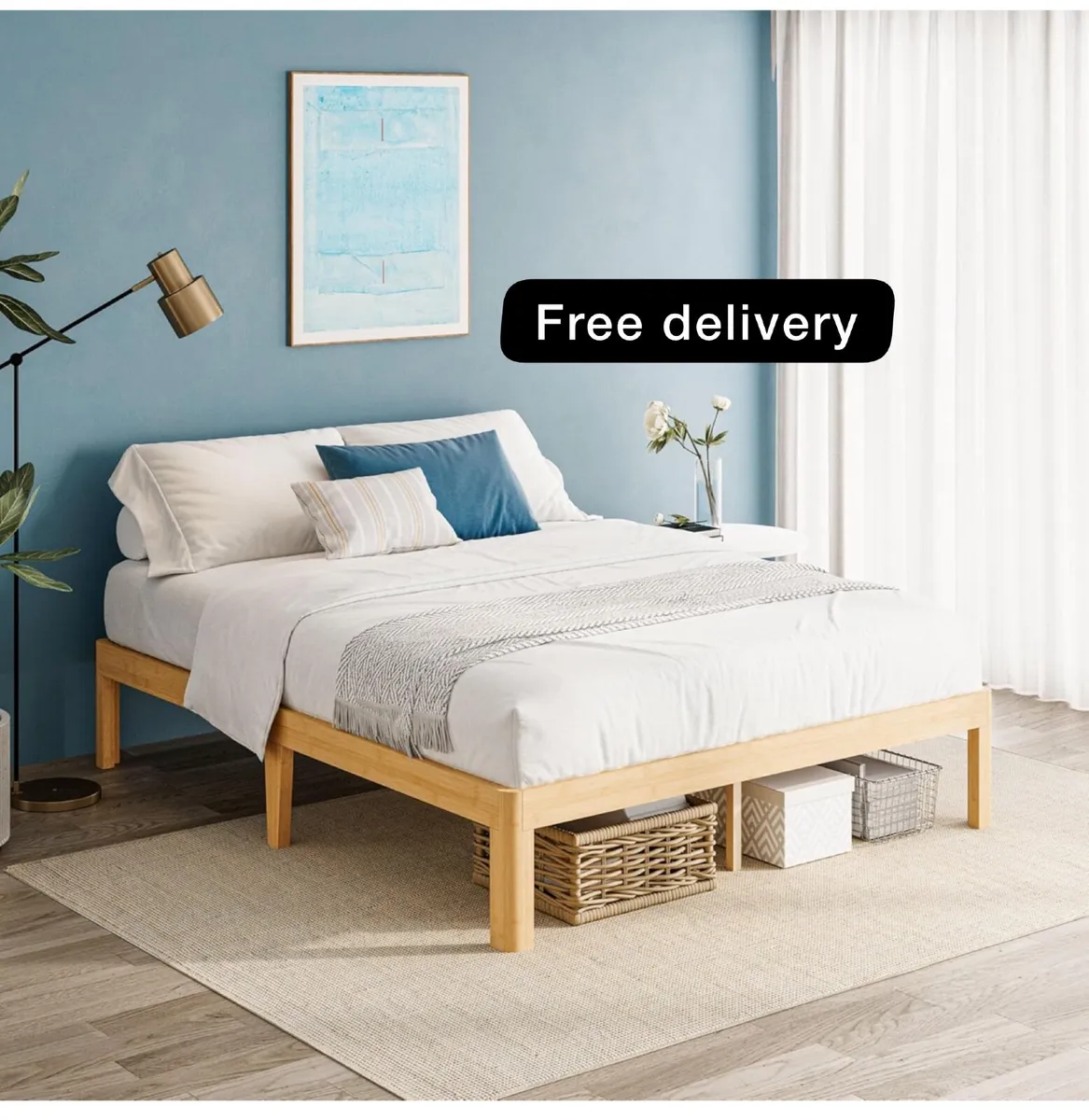 Bamboo Wood King Size Bed Frame with Metal Slats S - Image 1