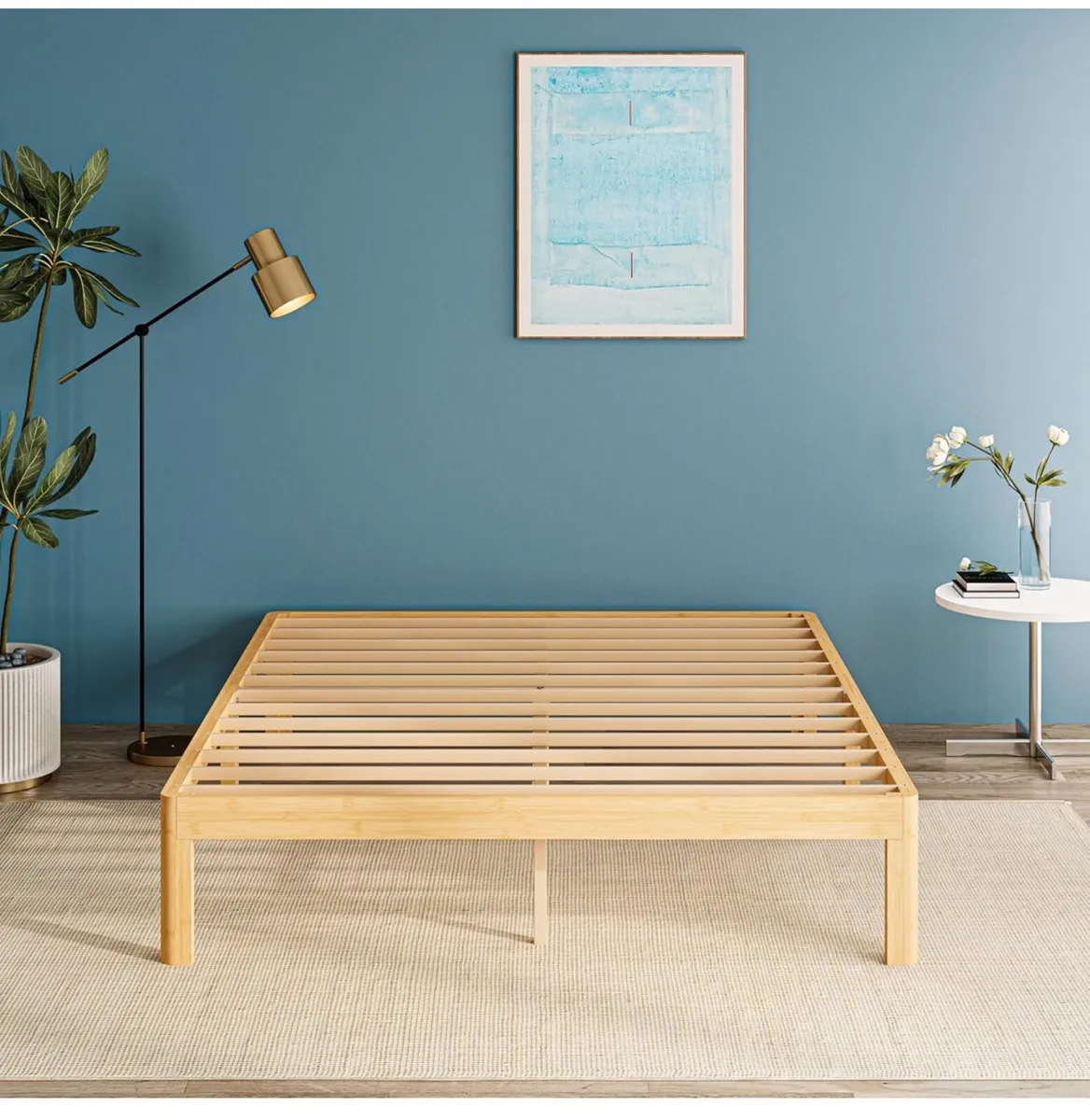Bamboo Wood King Size Bed Frame with Metal Slats S - Image 1