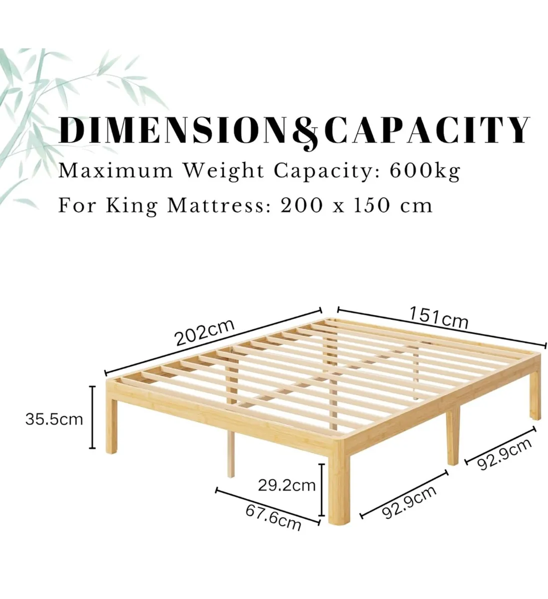 Bamboo Wood King Size Bed Frame with Metal Slats S - Image 3