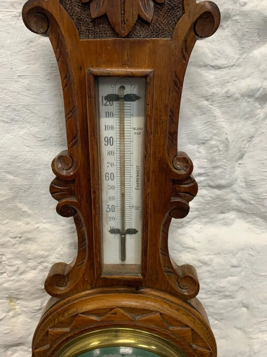 Victorian carved oak Aneroid Barometer dated 1860 - Image 3