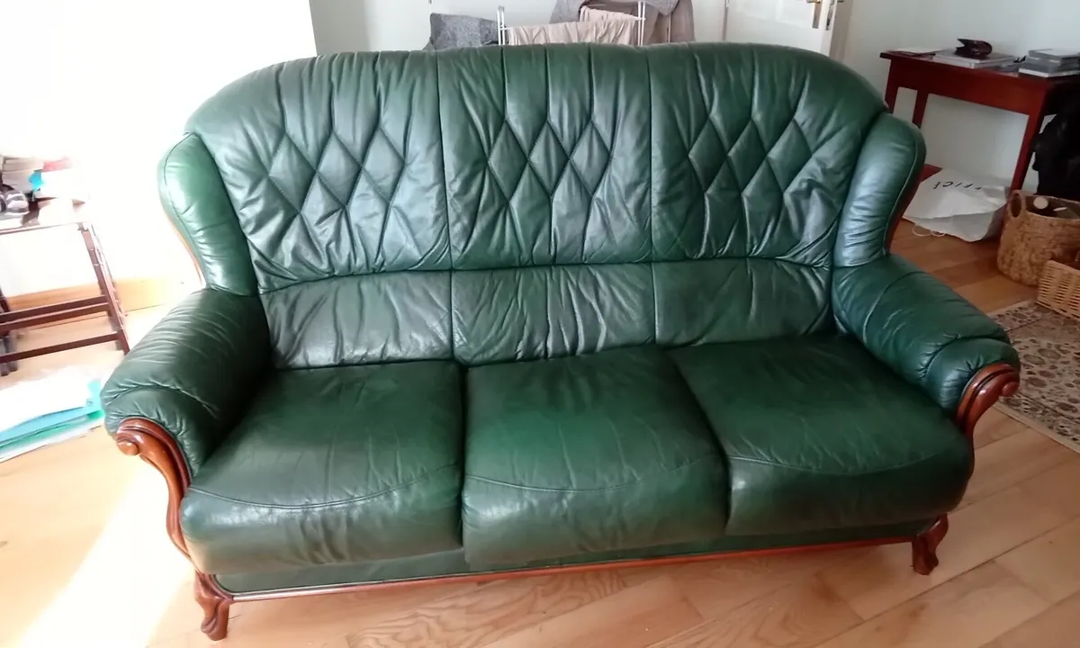 Green leather 3 seater couch. - Image 2