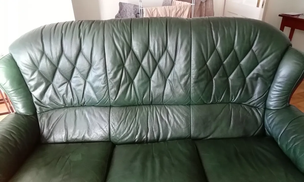 Green leather 3 seater couch. - Image 3