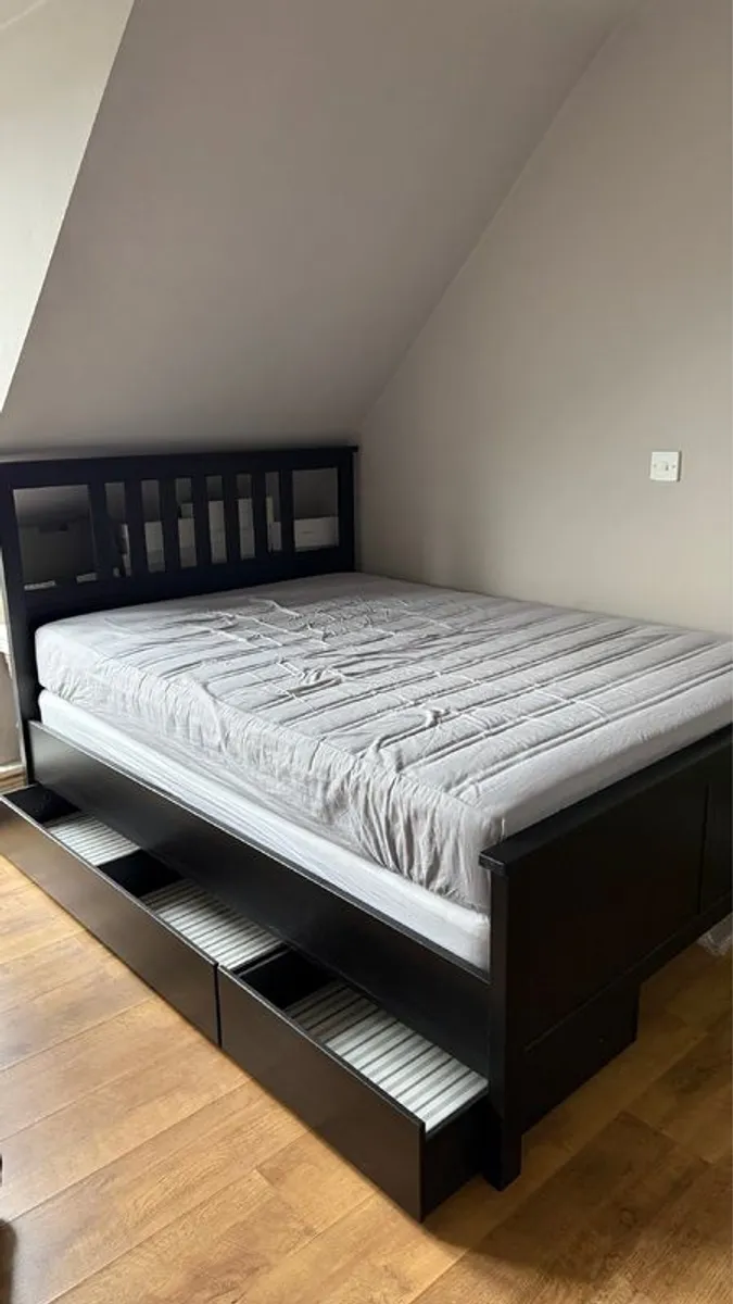 IKEA Hemnes Double Bed + Mattress + Storage Drawer + Bedside Table - Image 1