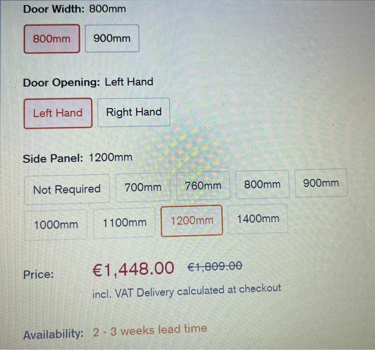 NEW-800mm Hinged Shower Door  X 1200 Side Panel - Image 1