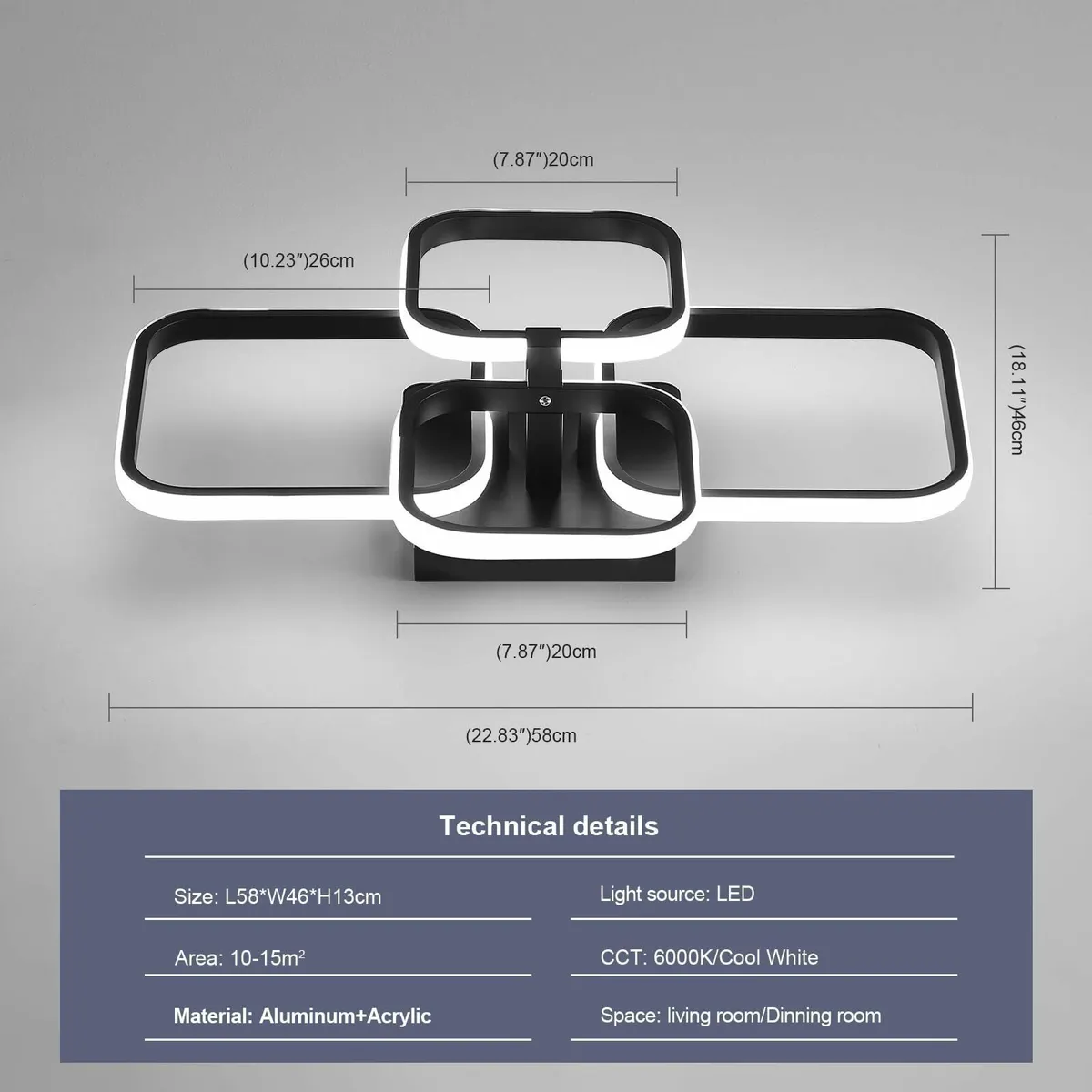 Modern LED Ceiling Light 4 Square Black Lamp 60W - Image 3