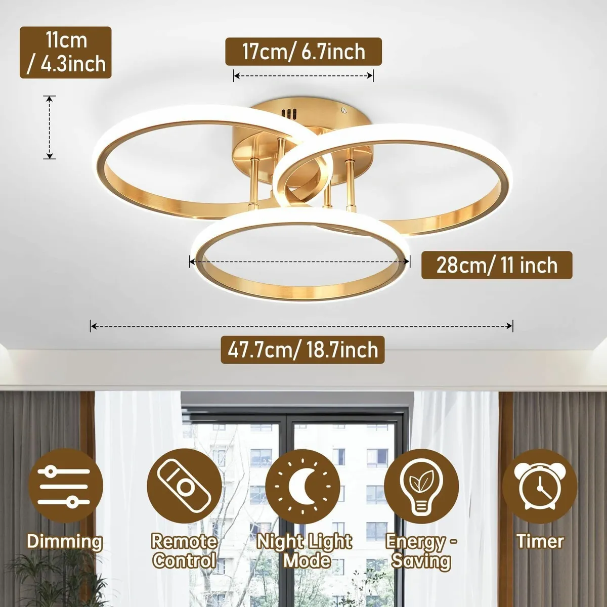 Modern Ceiling Light LED 48cm 45W Gold Dimmable - Image 3