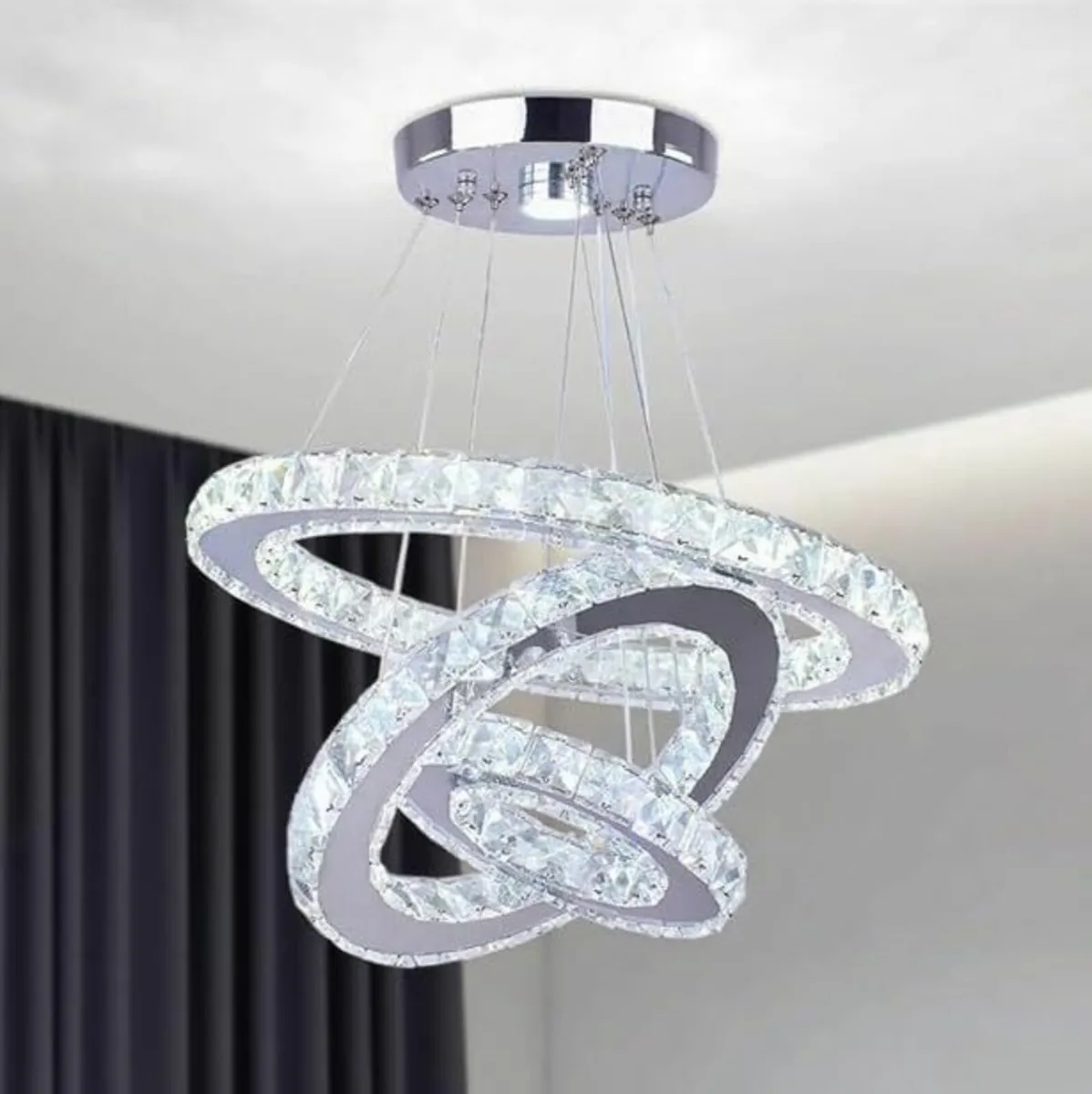 Daylight White Adjustable 3 Ring Crystal Chandelie - Image 1