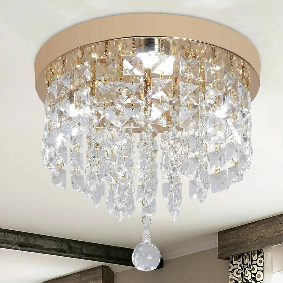 Gold Crystal Chandelier Flush Mount Ceiling Light - Image 1