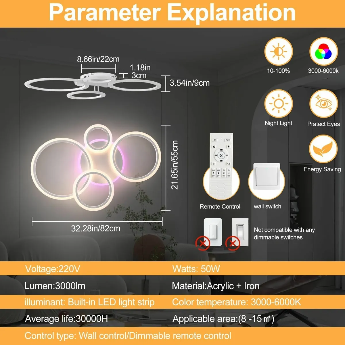 Dimmable LED Ceiling Lights with Remote Control - Image 2