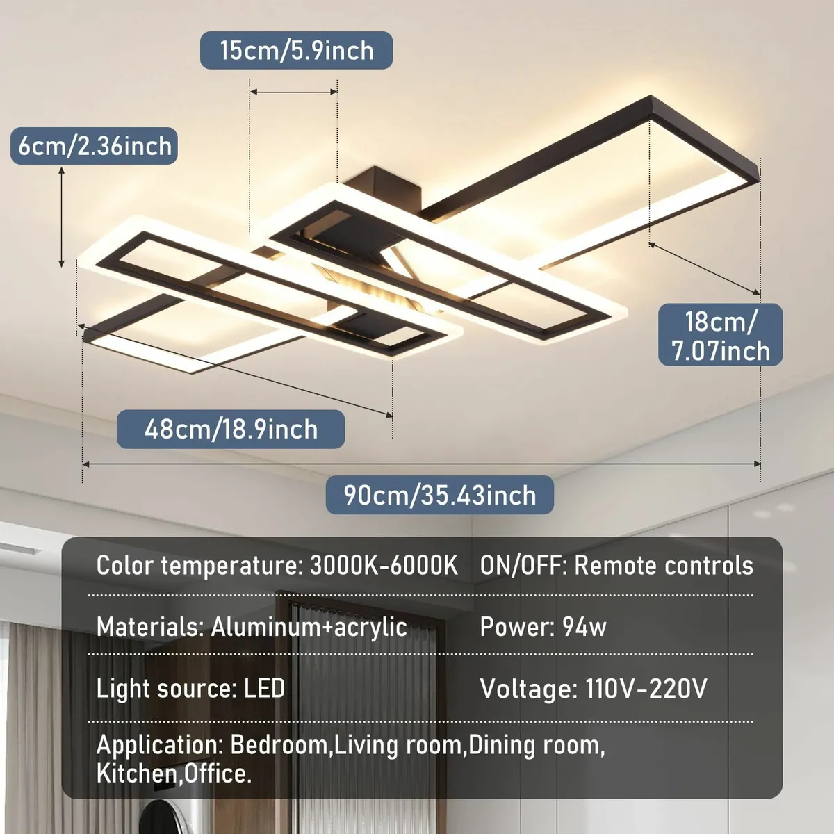 LED Ceiling Light Dimmable Rectangle 94W Black - Image 3
