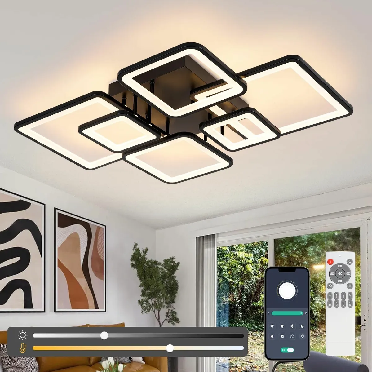 Modern Led Ceiling Lights 80cm Black 6-Square - Image 1