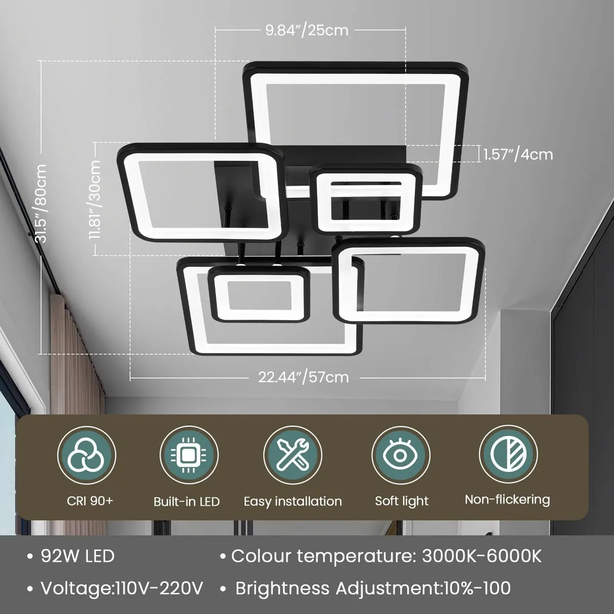 Modern Led Ceiling Lights 80cm Black 6-Square - Image 2