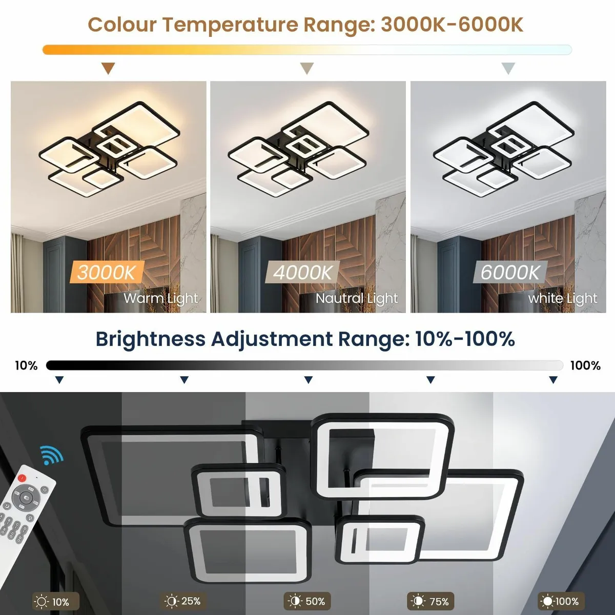 Modern Led Ceiling Lights 80cm Black 6-Square - Image 3