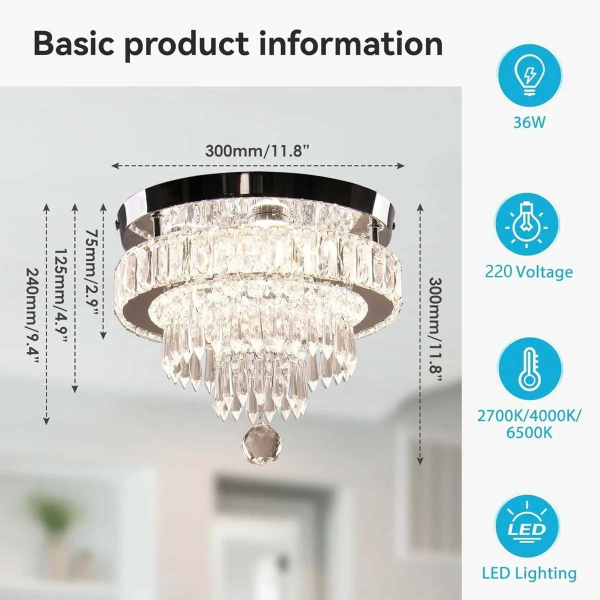 11.8 inches Crystal Ceiling Light LED Flush Mount - Image 2