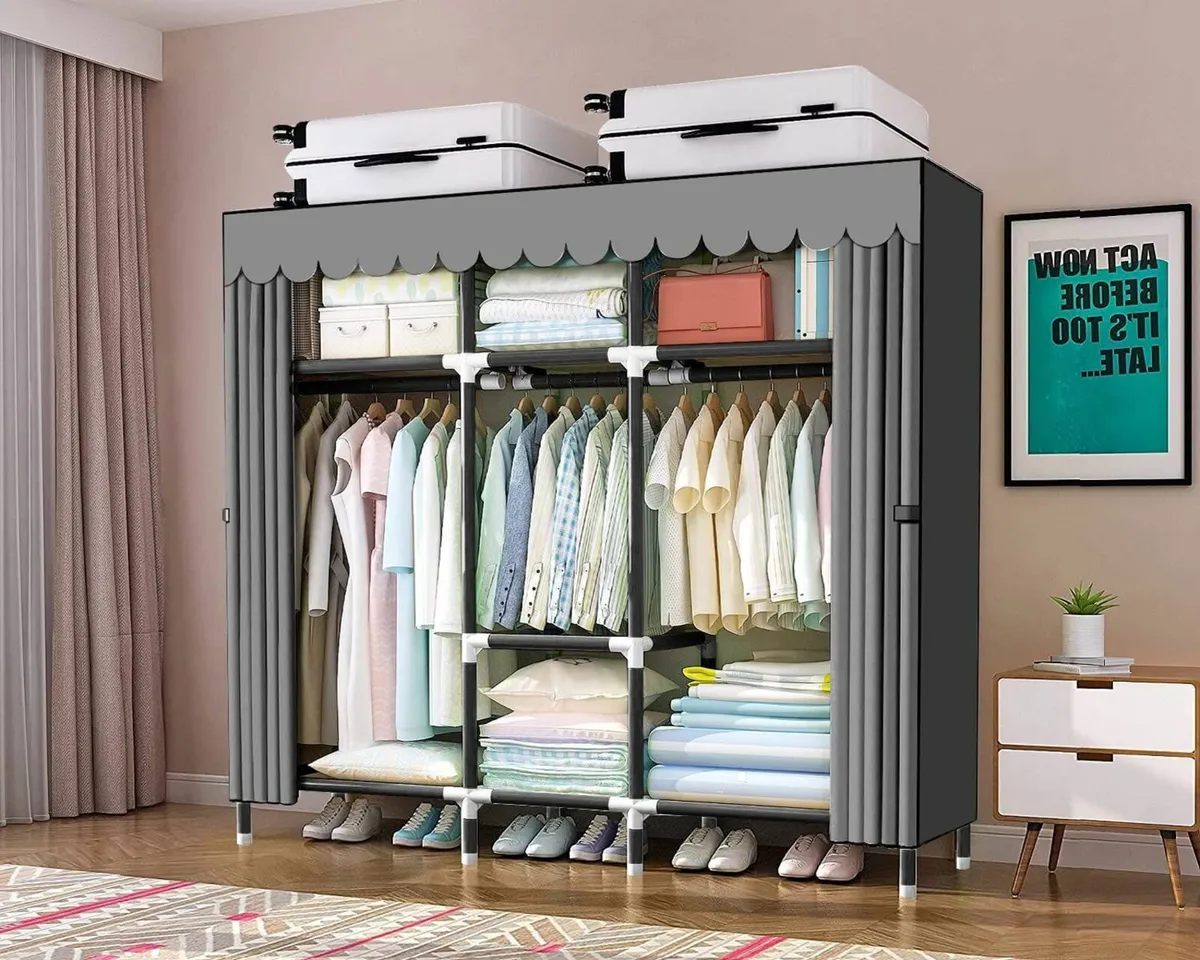 Portable Wardrobe Canvas Foldable Closet with 3 - Image 2